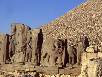 Five steles at West Terrace. Four of them showing the king welcoming the gods and one stele, the lion one representing a horoscope.