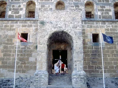 Main entrance to stage of the Aspendos Theatre. View from outside of stage wall.