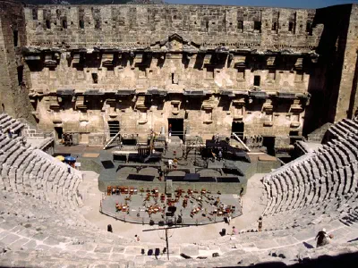 Full stage view of the Aspendos Theatre from the top of audience's sitting area.