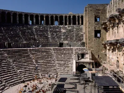 Seats and stage view of the Aspendos Theatre from right corner.
