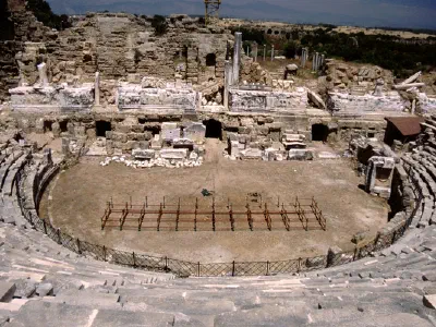 Amphitheater of Side, stage part. There is a concert preperation. Amphitheater of Side, stage part. There is a concert preparation.
