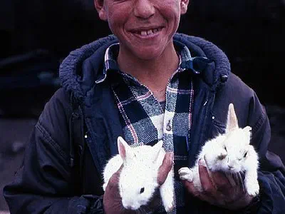 Boy with rabbits in Ahlat