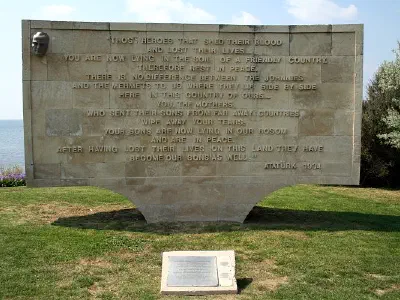 Anzac Cove Turkish Memorial. It was written that: "Those heroes that shed their blood and lost their lives... you are now lying in the soil of a friendly country. Therefore rest in peace. There is no difference between the Johnnies and the Mehmets where they lie side by side here in this country of ours... You the mothers who sent their sons from far away countries, wipe away your tears. Your sons are now lying in our bosom and are in peace. Having lost their lives on this land they have become our sons as well."