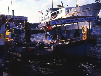 Grilled fish seller front of ferry