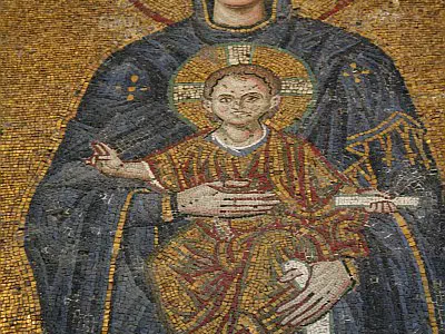 Mosaic of Virgin Maria with Jesus Christ at upstairs gallery
