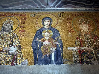 Mosaic of Virgin and Child with John II and Irene. This mosaic, the emperor is John II Comnenus (1118-1143) and his wife is the Hungarian princess Irene which are Byzantine rulers.