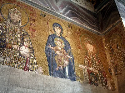 Mosaic of Virgin and Child with John II and Irene. This mosaic, the emperor is John II Comnenus (1118-1143) and his wife is the Hungarian princess Irene which are Byzantine rulers.