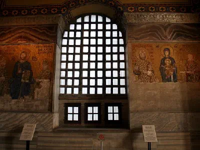 On the left Mosaic of Christ with Constantine IX and Zoe and on the right Mosaic of Virgin and Child with John II and Irene.