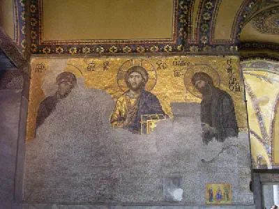 Deesis Mosaic. Christ flanked by the Virgin Mary and St. John the Baptist.