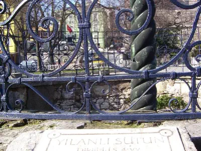 Serpentine Column. It was symbolize the victory of the Greeks against Persians. Known also snake monument and exist of twists of three interlaced snakes but no head of these snakes survived to today. One of them can seen at archaeological museum of İstanbul.