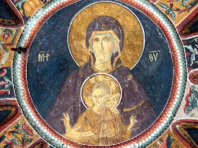 Medallion of the Virgin and Child surrounded by biblical figures. North dome of the esonarthex.