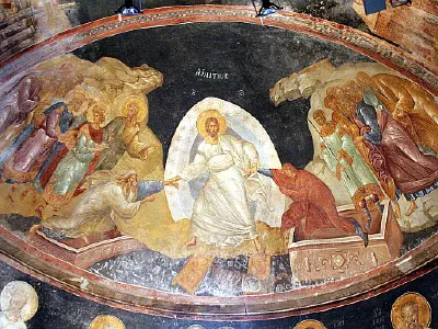 Anastasis / Resurrection. Jesus raising Adam and Eve by their hands. Behind them stand other biblical characters (John the Baptist, David and Solomon) and righteous kings.