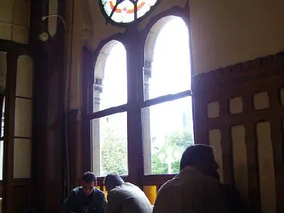 Stained glass inside waiting room cafe.