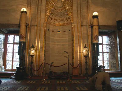 Mihrab, made of finely carved and sculptured marble.