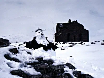 Cathedral and snowman.
